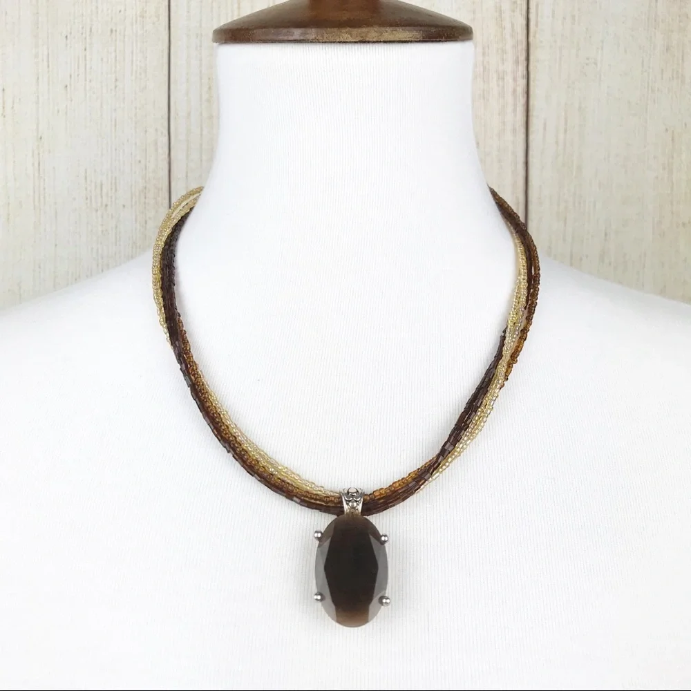 Brown Beaded Multi Strand Necklace Faceted Stone‎ Pendant Boho Chic Earthcore